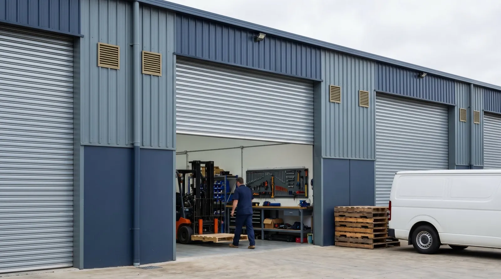A row of tall industrial roller shutter doors on a workshop unit in a trade estate