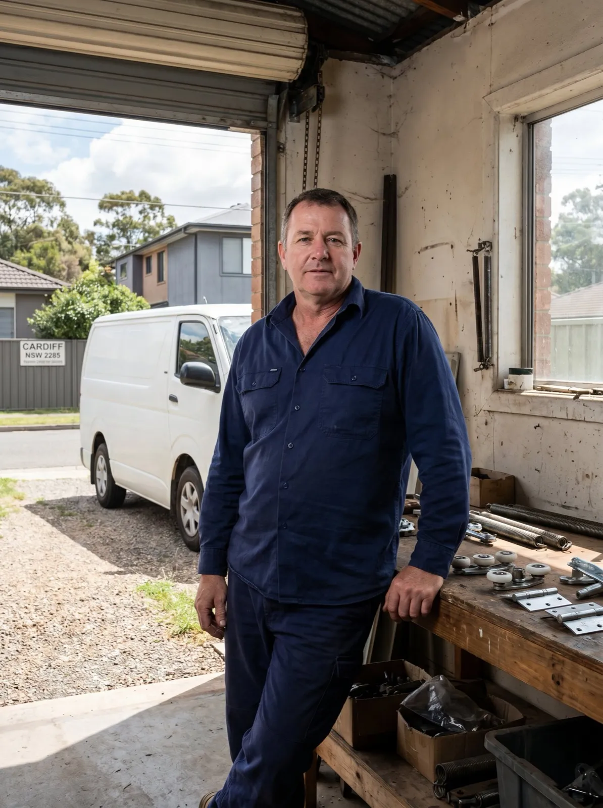 A garage door technician in navy workwear standing at a workshop bench laid out with springs, rollers and hinges