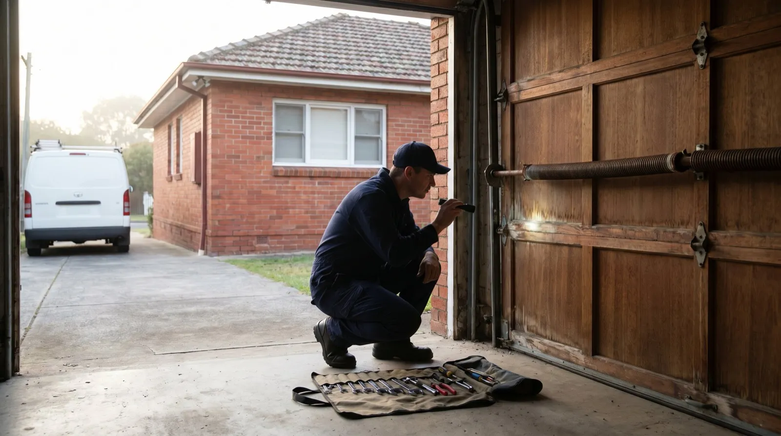 A technician inspecting the torsion spring and track of an aged tilt door inside a post-war garage