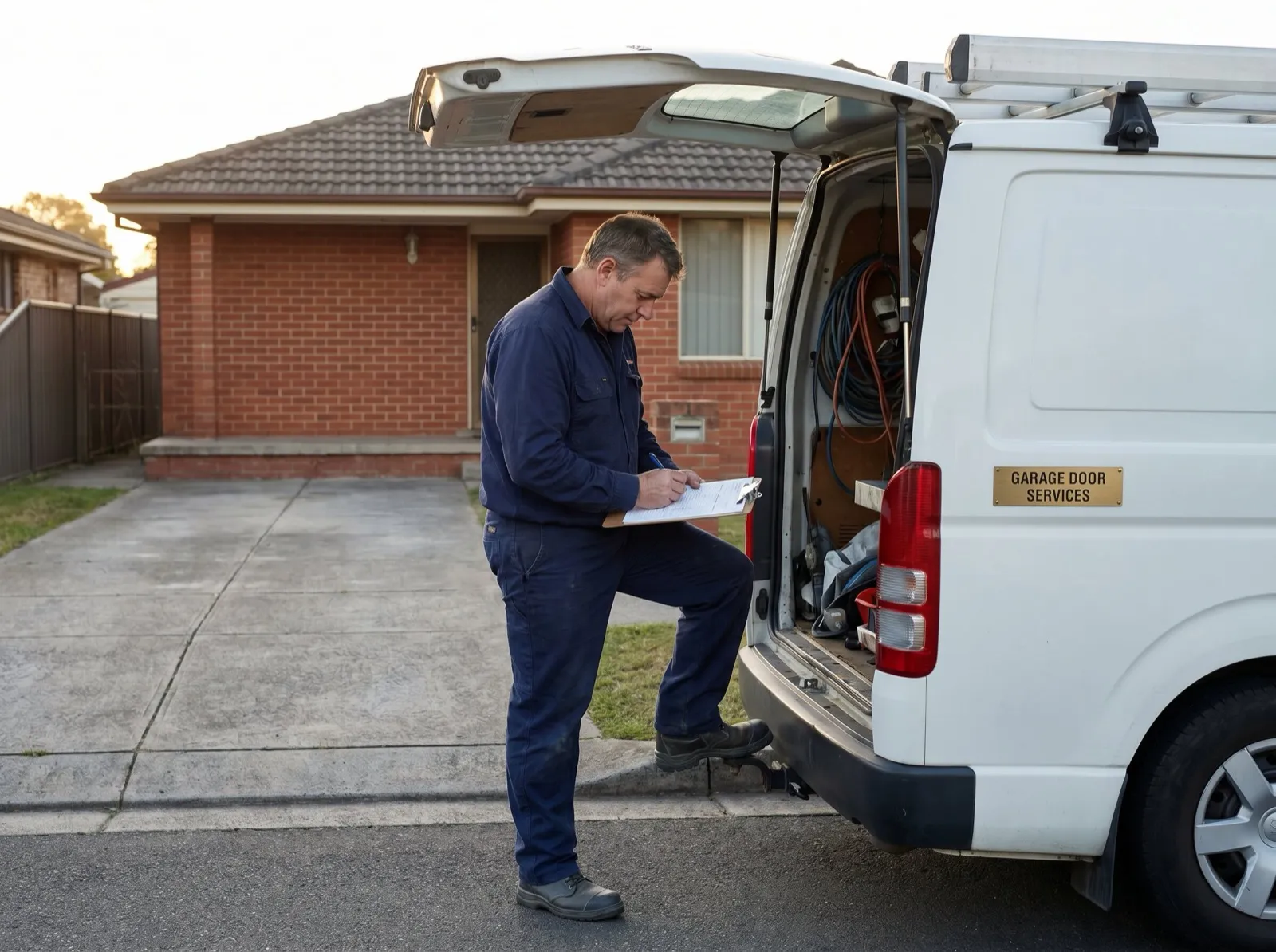 A technician writing on a paper job card at the tailgate of a van