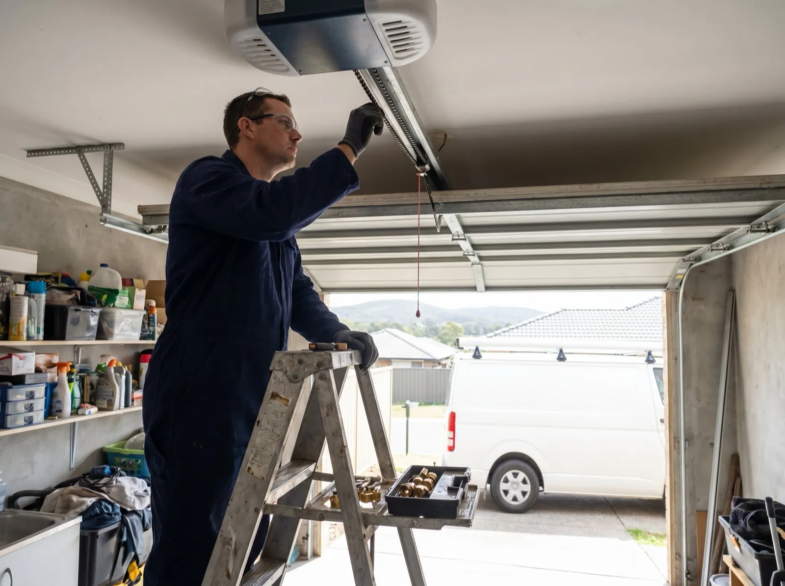 A technician on a step ladder servicing a ceiling-mounted garage door opener