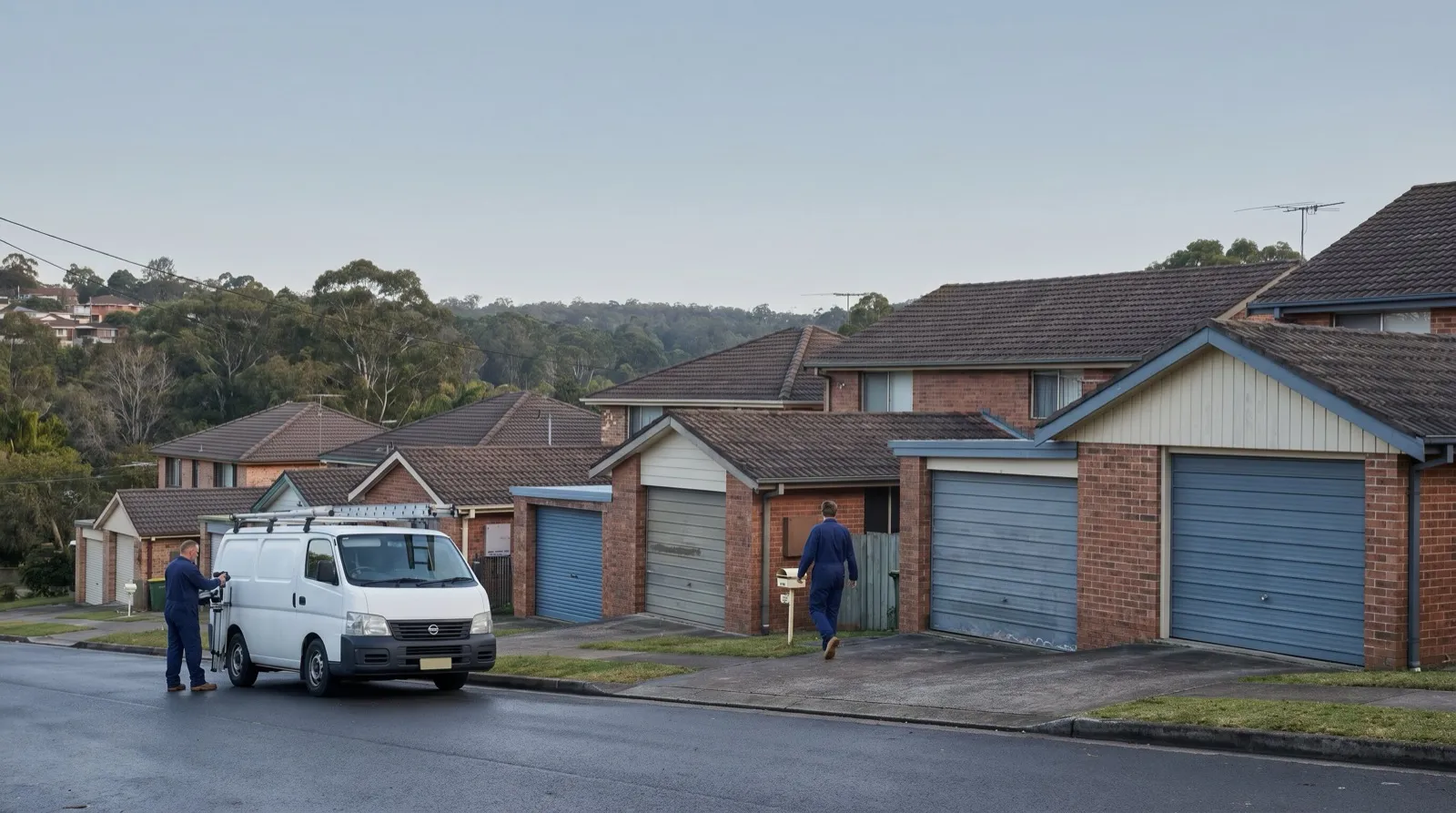 A post-war street climbing a gentle rise with brick and tile houses and garage doors stepped up the hill