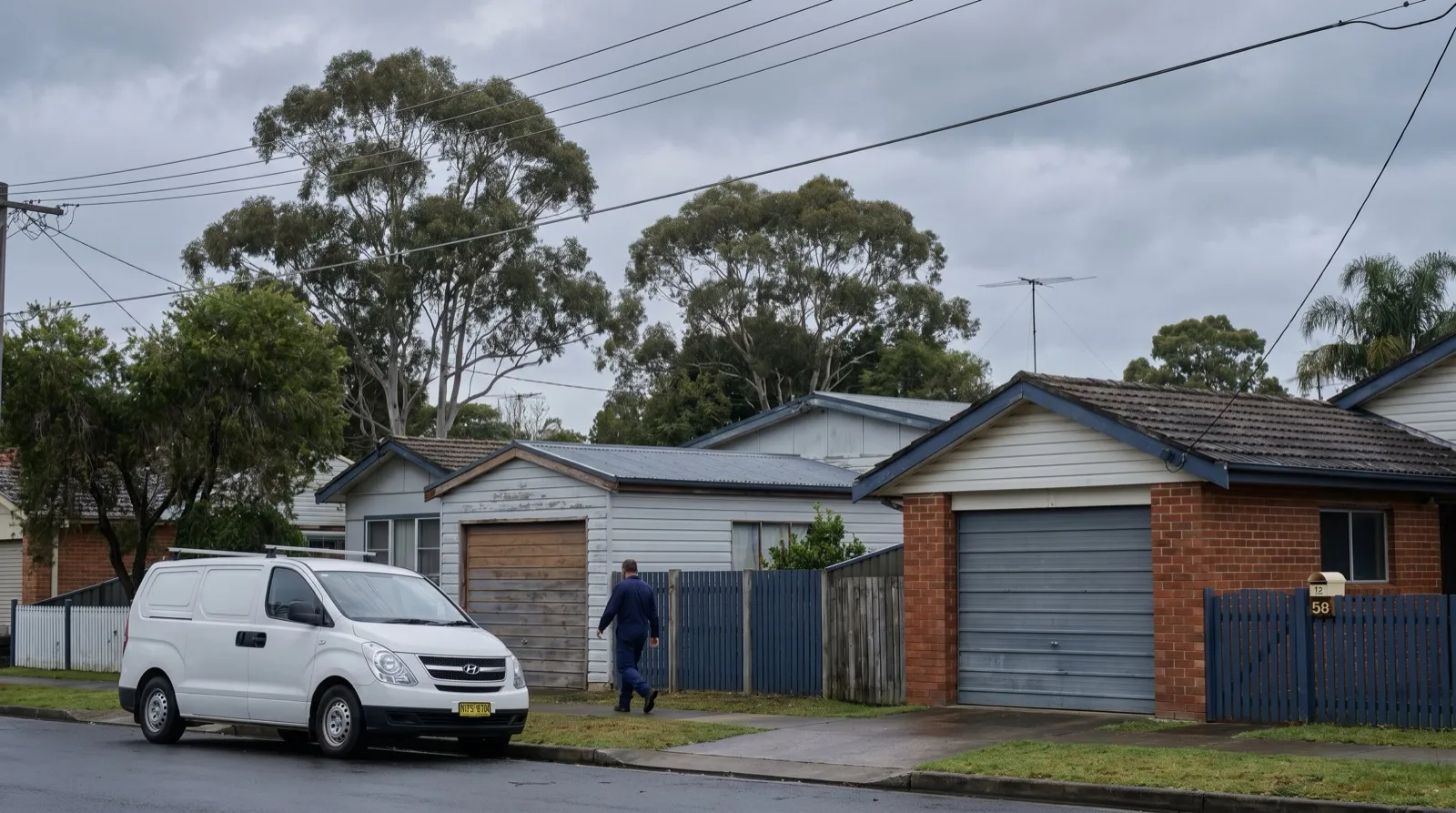 A post-war residential street on the Lake Macquarie valley floor with fibro and brick houses