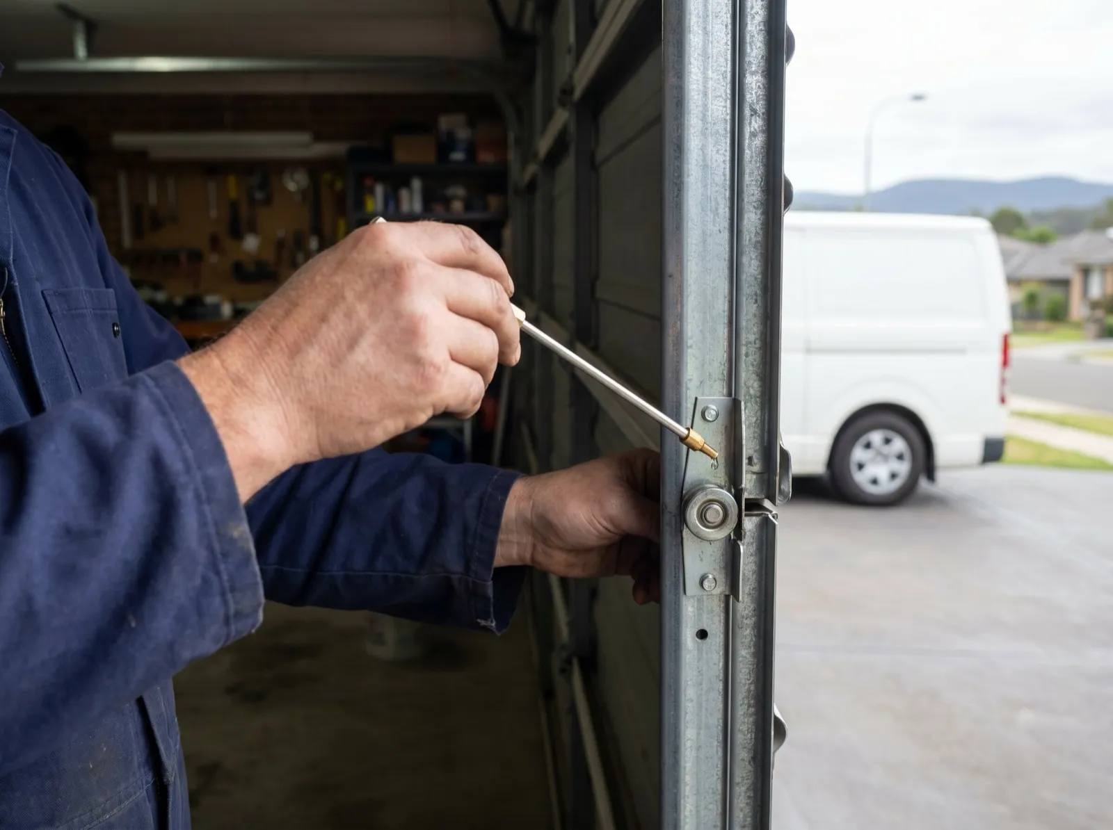 A technician's hands lubricating the rollers and hinges of a sectional door